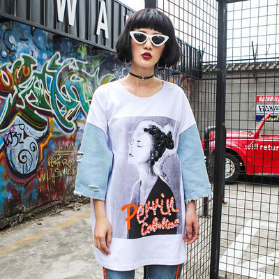 

Hit Color Stitching Loose Long Hip Hop Tide Cotton Printing Plus Size Women White loose T Shirt Women
