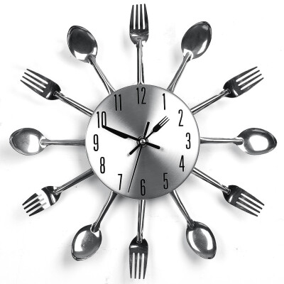 

Wall Clock Cutlery Kitchen Fork Knife Creative Novelty Hang Clock Sliver Decorative For Modern Home Office Club