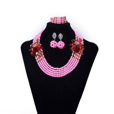 

6 Rows Pink Women Jewelry Set Handmade Beaded Crystal Necklace Fashion African Wedding Jewellery Set Bridal Jewelry Free Shipping