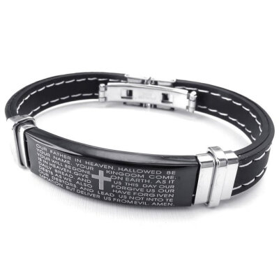 

Hpolw Mens/Womens Rubber Stainless Steel Leather Bracelet and Cross Prayer Carved with sacred Fu Wen Spring buckle Bracelet