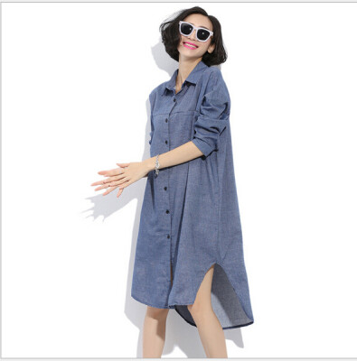 

Lovaru ™Loose large size women wind solid color denim long-sleeved shirt and long sections irregular dress shirt