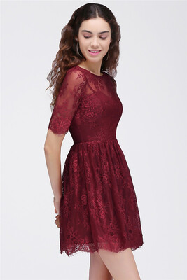 

A-Line Round Neck Short Lace Burgundy Homecoming Dresses
