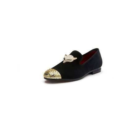 

MeiJiaNa men black velvet shoes with skull buckle&gold toe British style men loafers luxurious men dress shoes men