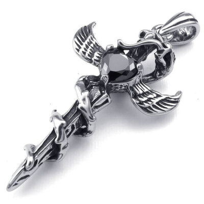 

Hpolw Mens Stainless Steel Black Snake Wing Cross Sword CZ Pendant JeweryStone Necklace18-26 inch Chain