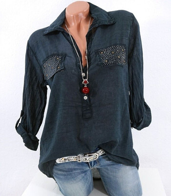 

2018 New Womens Fashion Long Sleeve Lapel Pure Color Casual Loose Blouse