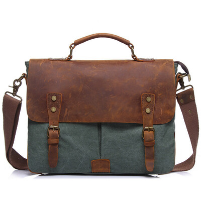 

Vintage Canvas Handbags Men Shoulder Bag Crazy Horse Leather Crossbody Bag Mens Travel Bags Laptop Briefcase Bag Totes