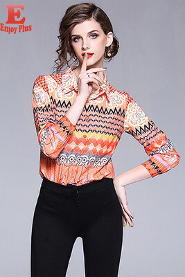 

M L XL XXL office new summer 2018 women blouse shirt long sleeve orange striped digital print slim lady top with collar