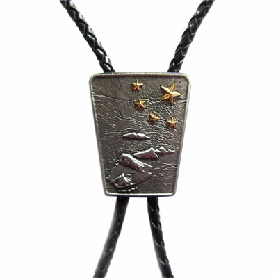 

Vintage Original Gold Stars Flag Map Bolo Tie Leather Necklace