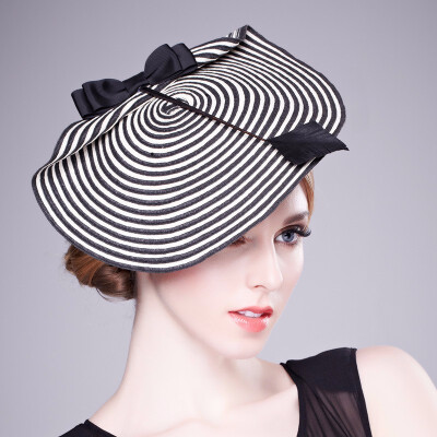 

Elegant Women Formal Hat Fascinator For Weddings Evening hat With White Black Striped Bow Bridal Hats Female Headwear B-1942