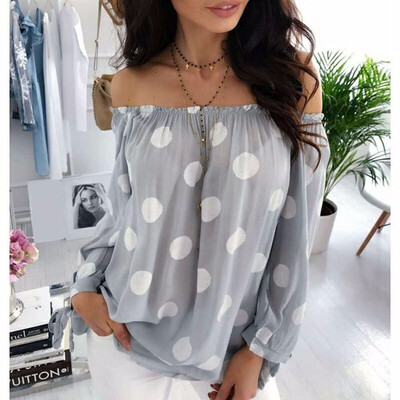 

2018 Autumn Women Sexy Off Shoulder Shirt Casual Long-sleeved Top Ladies Fashion Dot Printing Loose T-shirt Off Shoulder Chiffion