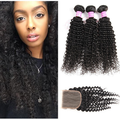 

Glary Malaysian Kinky Curly Bundles With Closure 3 Bundles with Free Part 100 Unprocessed Human Hair Natural Color