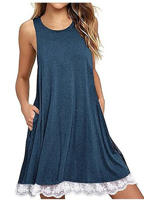 

Summer Women Casual Round Neck Solid Color Loose Sleeveless Beach Tank Top A-line Pocket Dress Sexy Short Club Party Mini Hal
