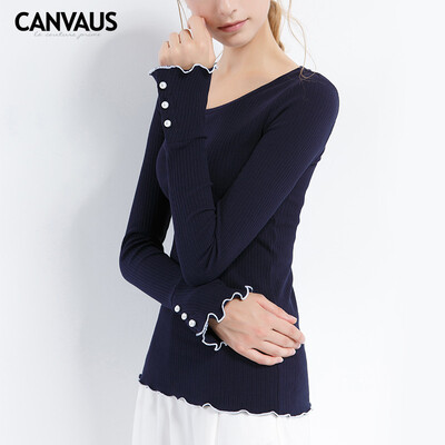 

Canvaus New Women Spring Autumn Cotton Solid Slim Wave Cuffs With Button Long Sleeve Knitted T-shirt Office Lady Undershirt Tops