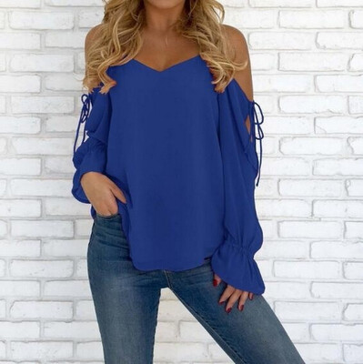 

Spring&Summer Women Sexy Deep V-Neck Shirt Casual Long Sleeve Top Ladies Fashion Loose T-Shirts Off Shoulder Chiffon