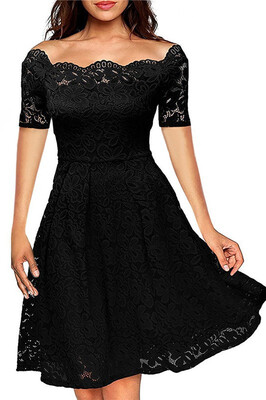 

Boat Neck Cocktail Swing Dress Black Long Sleeve Floral Lace Knee Length Formal Party Dresses Homecoming Dress