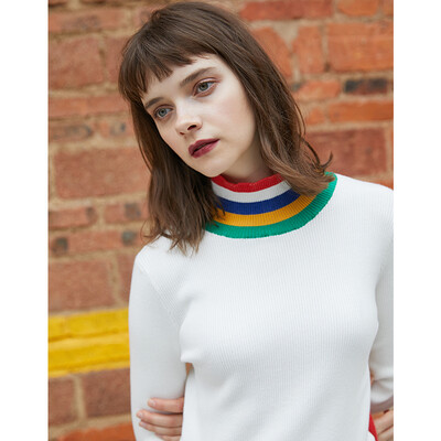 

PASS2018 new autumn&winter color matching turtleneck sweater female Slim student white bottoming sweater tide 68303PA23009 white