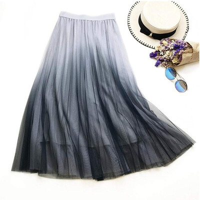 

temperament gradient 2018 summer new mesh skirt gradient color skirt female long section high waist pleated skirt