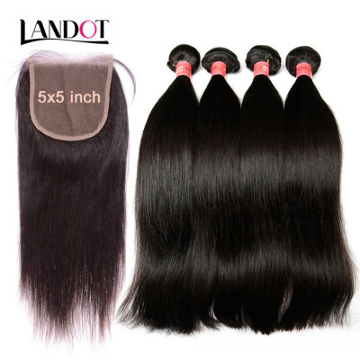 

9A 5x5 Lace Closure With 3 Bundles Indian Straight Virgin Hair 4Pc Lot Unprocessed Remy Human Hair Weave And Closure Natural Color