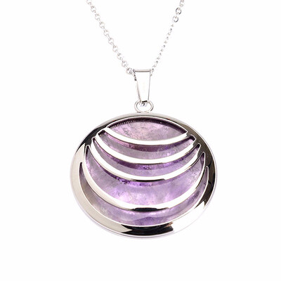

Round Circle Lines Purple Quartz Crystal Pendant Stainless Steel Necklaces 17"