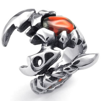 

Hpolw Mens Fashion silver&black Stainless steel Classic Retro Gothic Tribal scorpions orange/orangered crystal Ring