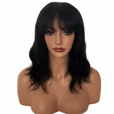 

9A Bob Wave Lace front Human Hair Wigs Natural Black Color Brazilian Virgin Hair Wigs with Bangs Pre-Plucked 130 Density10-16"