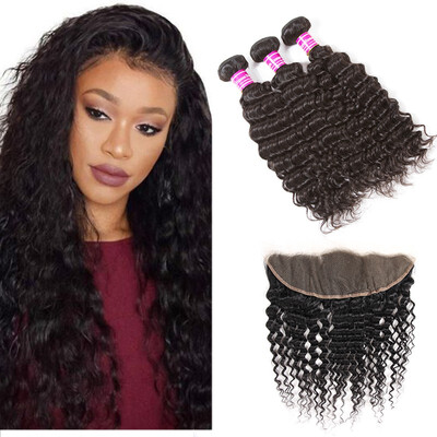 

Glary Best Sell Ear to Ear 8A Lace Frontal With 3 Bundles Brazilian Virgin Hair Unprocessed Deep Wave Hair With Lace Frontal