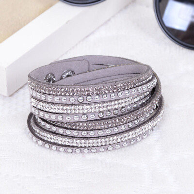 

MyMei Crystals 2 wrap Layers Around PU Leather Adjustable Bracelet New Fashion