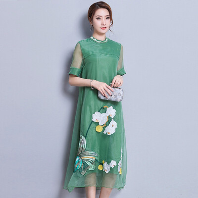 

Summer New Beauty Floral Embroidery Womens Dresses Elegant Style Silk Dress