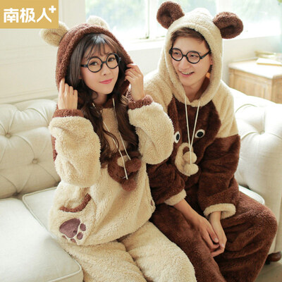

Antarctic couple pajamas female winter head flannel long-sleeved cartoon bear coral fleece home service T-DR8018 female models light brown XL code