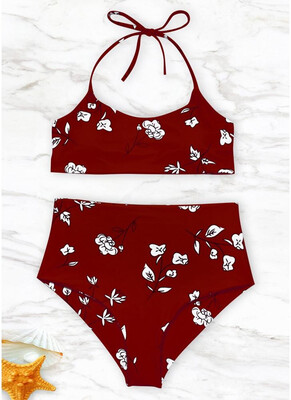 

2018 Women Swimwear Floral Print Halter Bandage Backless Swimsuit Beach Wear Bikini Set