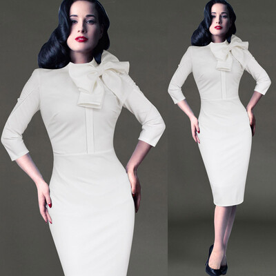 

2016 New Womens Elegant 1950s Vintage Pinup Retro Rockabilly 3/4 Sleeve Bow Party Work Sheath Bodycon Wiggle Pencil Dress