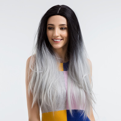 

BLONDE UNICORN Grey Ombre Dark Root Hair Synthetic wig for Women 26 inch Long Straight Middle Part Cosplay Hair Wig Free Gift
