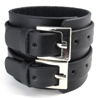 

Hpolw Wide Genuine Leather Mens Bangle Cuff Bracelet Punk Rock Fits 7" to 85" Black