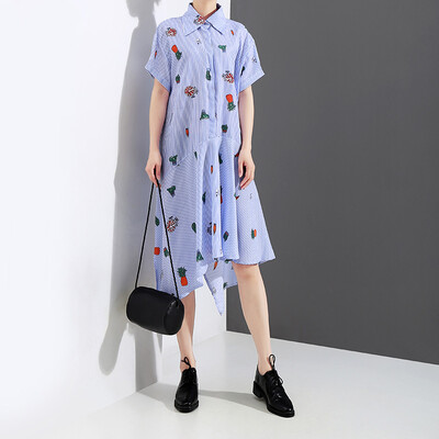 

QUZIHUA 2018 New Summer Exclusive Style Turn-dowm Collar Striped Print Asymmetriacl Length Midi Casual Cotton Dress Women
