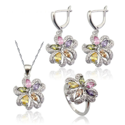 

Flower Multicolor Stone Silver Plated Jewelry Sets for Women Choker Dangle Earrings Ring Three Colors Available Free Jewelry Box