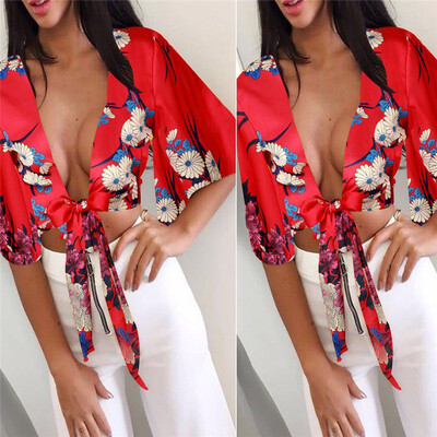 

Womens Satin Silk Tie Knot Crop Top Ladies Front Flared Sleeve Plunge Neck