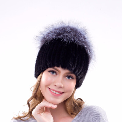 

Fox fur decoration design fur cap natural mink fur hand-woven womens winter hat 2018 new hot ladies hat fashion popular