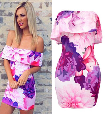 

Stylish Lady Sexy Women's Off-shoulder Backless Boat Neck Bodycon Mini Floral Print Dress