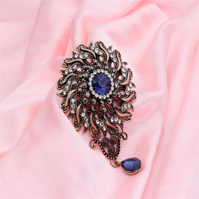 

New Turkish Vintage Water Drop Resin Pendant Brooch Pins Antique Gold Color Red Round Stone Bohemia Ethnic Wedding Jewelry 2018