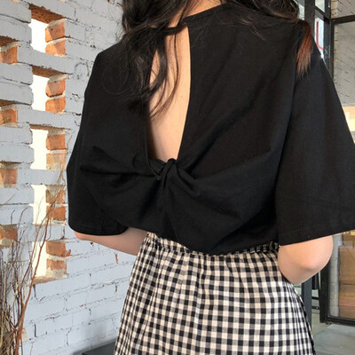 

New arrival women t shirt korean style loose fitting hollow back round neck short sleeve top T-shirt tshirt