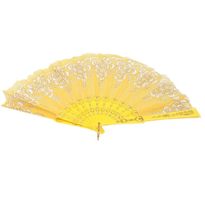 

UpperX Chinese Dance Party Wedding Lace Flower Folding Hand Held Flower Fan yellow 23cm