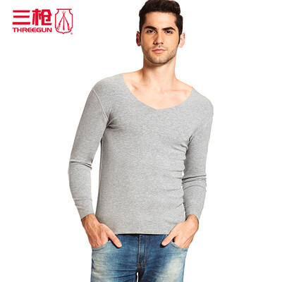 

Three guns bottoming pants mens modal cotton soft velvet seamless V-neck long-sleeved mens shirt light gray