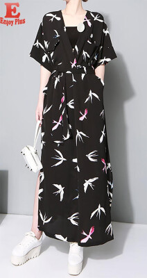 

chest 84-92cm new summer vintage 2018 long maxi dress women batwing short sleeve bird print chiffon blue black