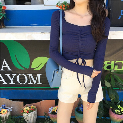 

new arrival spring autumn Korean style pure color square collar drawstring long sleeves short T-shirt
