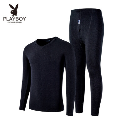 

Playboy Mens Thermal Underwear Set V-neck Basic Thermal Underwear Mens Thick Autumn Clothes Long Pants Set Light Gray V-neck M