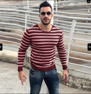 

Long Sleeved Round Neckline Striped Sweater Shirt for Men