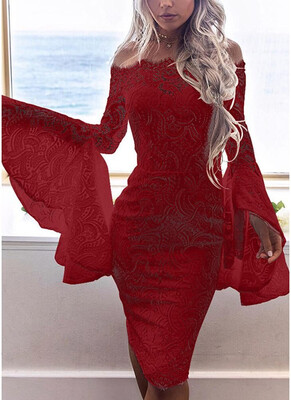

Hot Lace Off the Shoulder Flare Long Dress Summer Sleeves Bodycon Mini Dress