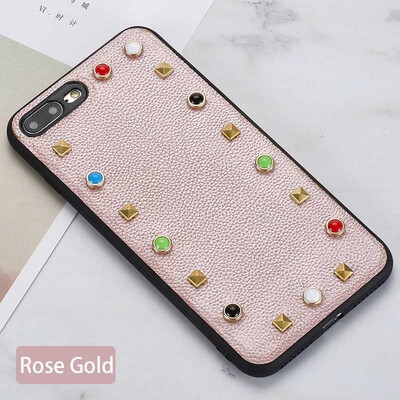

Genuine Leather Phone Case For iPhone 7 8 Plus Litchi Texture rivet Back Cover For X 6 6S Plus Cases
