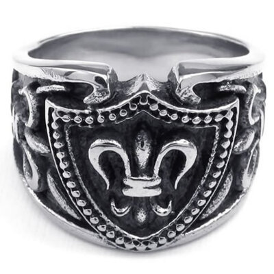 

Hpolw Mens silver&black Stainless Steel heart - shaped Ring and Vintage fashion Gothic Fleur De Lis Shield Signet ring