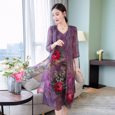 

Summer Women 2 Pieces Sets Dresses Purple Silk Floral Print Loose Outwear Dress